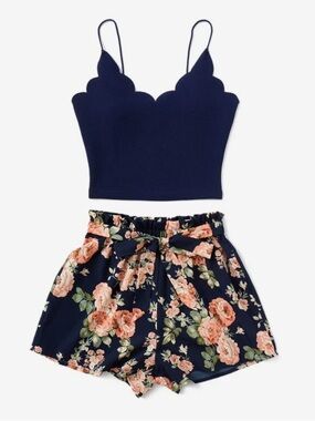 Floral Tie-Waist Paperbag Shorts/tank set